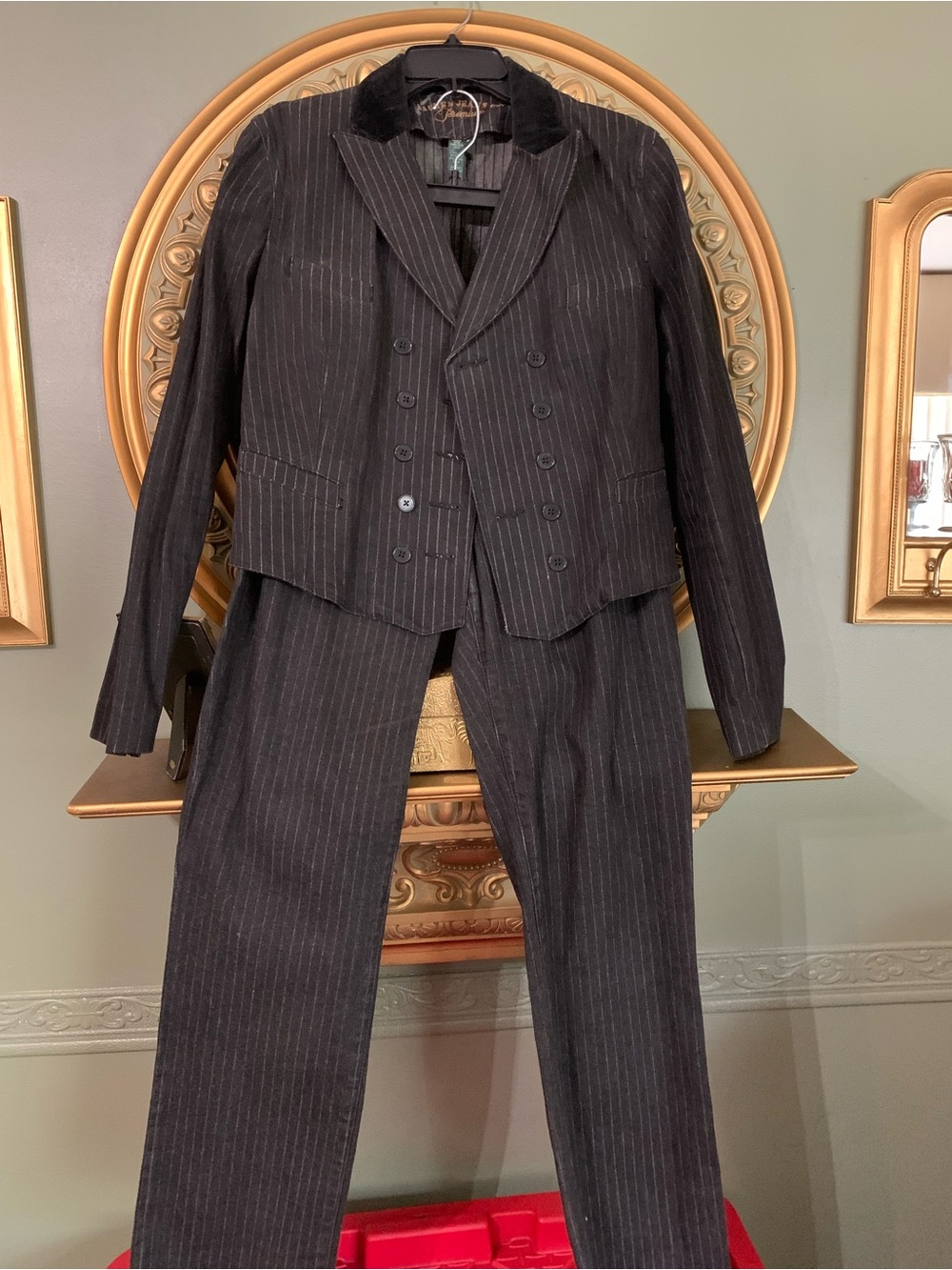 Women’s Black Pinstripe Two-Piece Suit with Velvet Collar